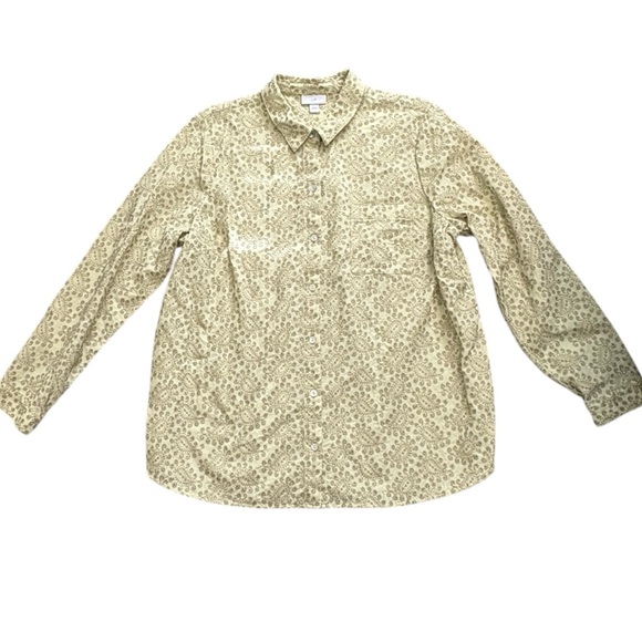 J. Jill Size L Olive Green Floral Embroidered Button-Up Blouse Boho Cotton Top - Picture 5 of 9